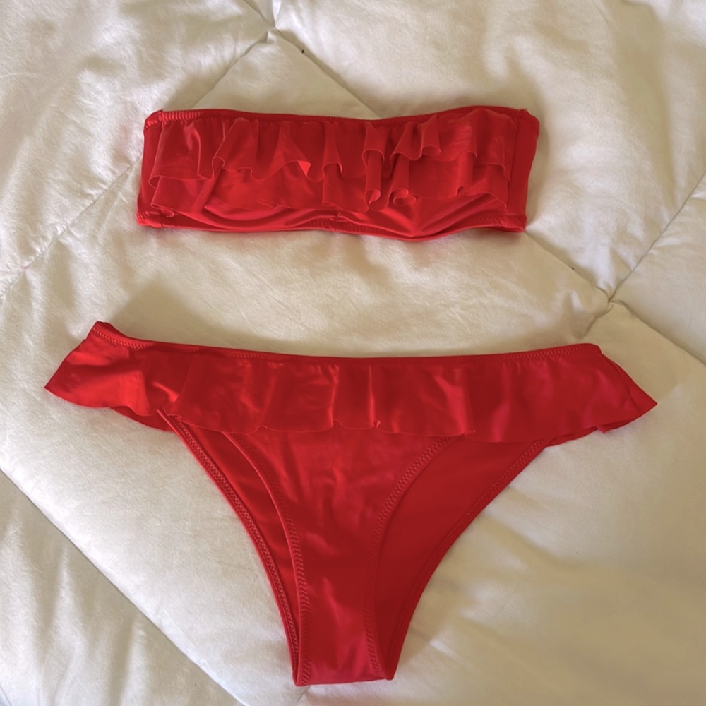 H&M red ruffle bathing bandeau swim suit